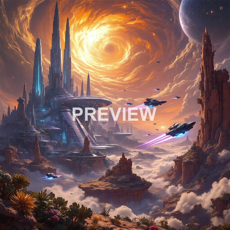 A futuristic scene depicting a sprawling alien city with tall, sleek skyscrapers, flying spacecraft, and a cosmic sky featuring a swirling galaxy, planets, and bright stars.
